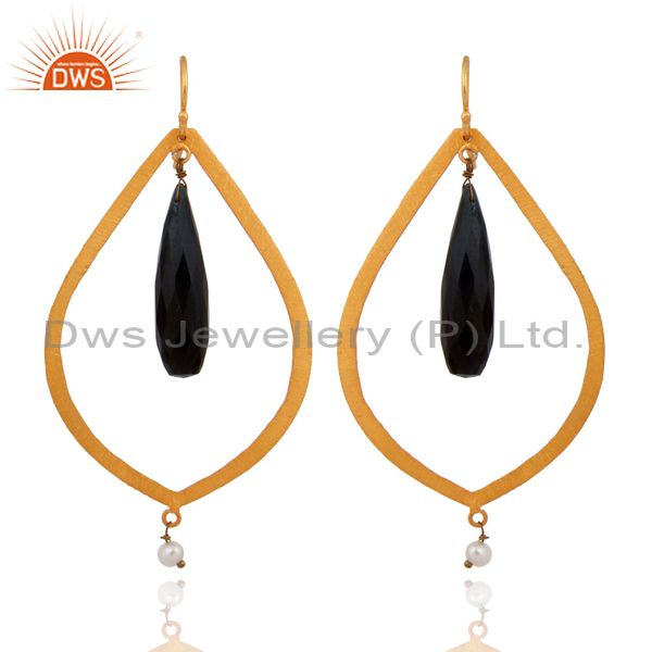 925 Sterling Silver Gold Plated Brushed Black Onyx Faceted & Pearl Drop Earrings