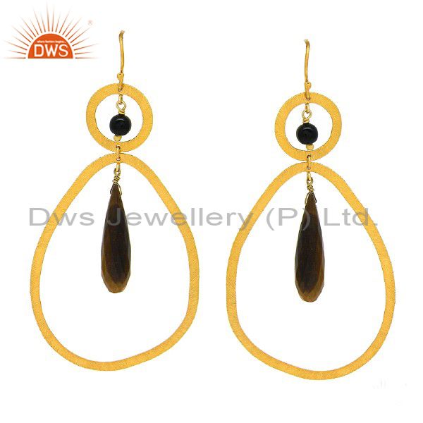 18K Yellow Gold Plated Sterling Silver Tiger Eye And Black Onyx Dangle Earrings