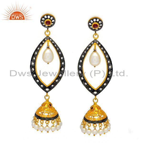 22K Gold Plated Sterling Silver Tourmaline And Pearl Jhumka Earrings With CZ
