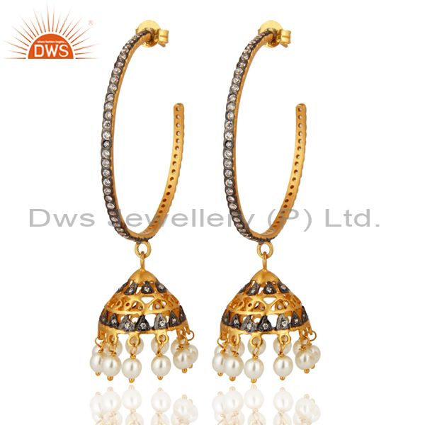 18K Gold Plated 925 Sterling Silver Pearl & White Zircon Fashion Jhumka Earrings
