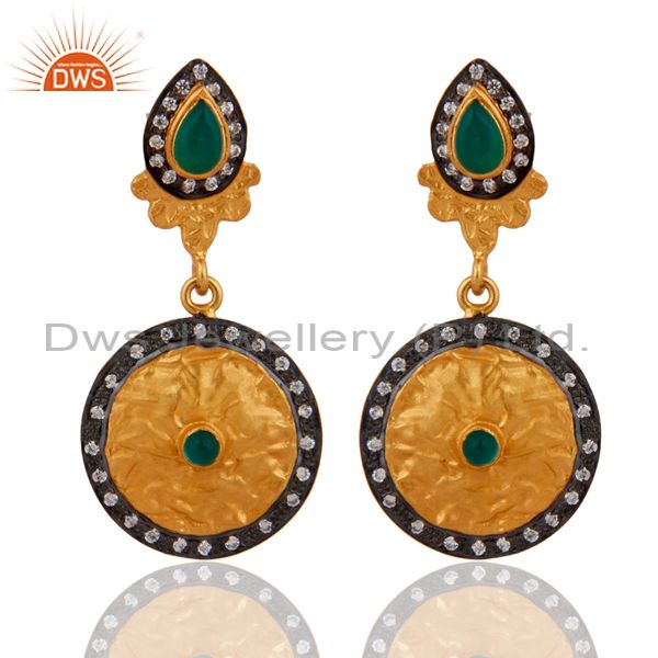 Designer Inspired 925 Sterling Silver Gold Plated Green Onyx CZ Drop Earrings