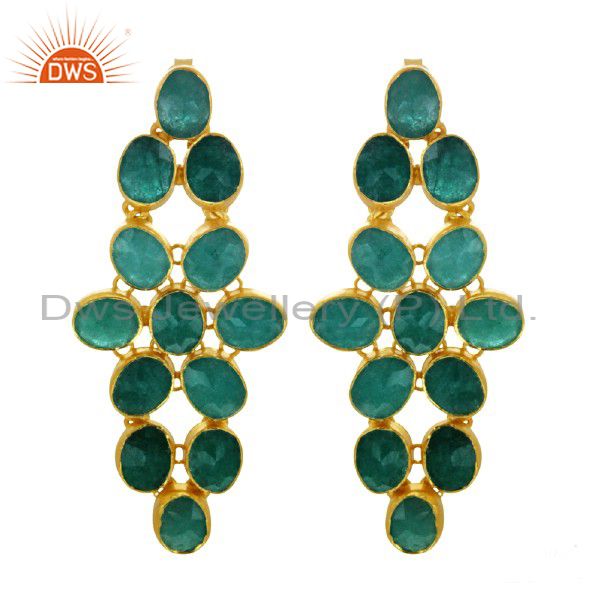 Handmade Sterling Silver Dyed Emerald Dangle Earrings With 18K Gold Plated