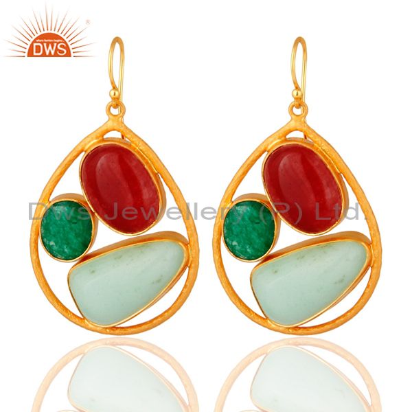 Handmade Red Aventurine And Chrysoprase Sterling Silver Earrings - Gold Plated