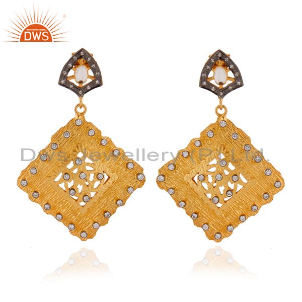 Brushed Stain Finish Gold Plated Sterling Silver Cubic Zirconia Dangle Earrings