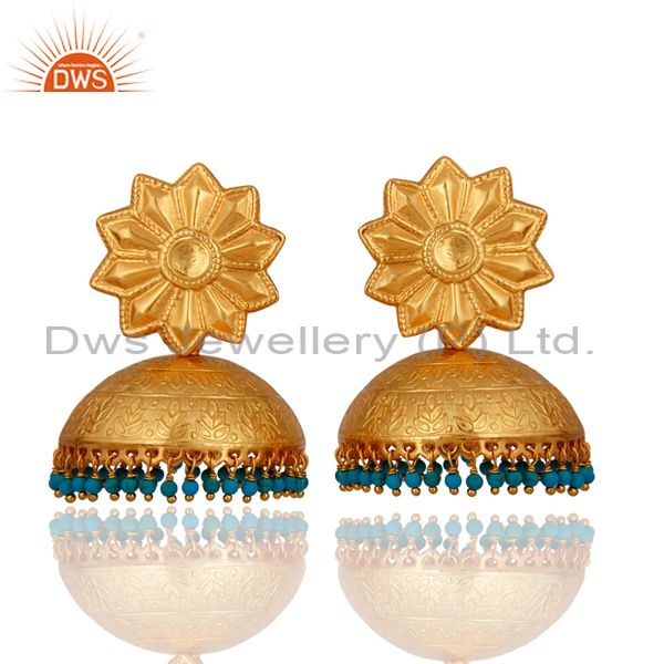 22K Gold Plated Silver Turquoise South Indian Fashion Traditional Jhumka Earring