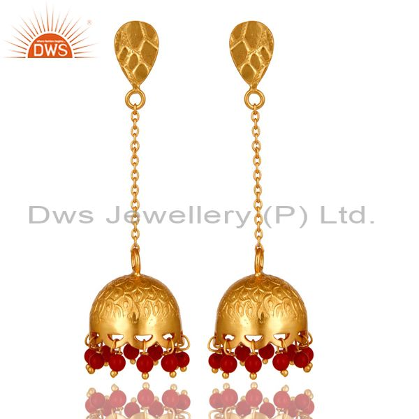 Designer Red Coral Gemstone 22K Gold Over 925 Silver Indian Style Jhumka Earring