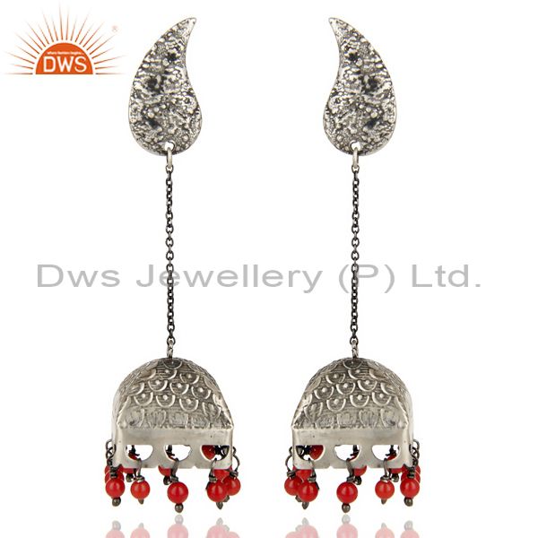 Black Oxidized 925 Sterling Silver Handmade Red Coral Jhumka Earrings Jewerly