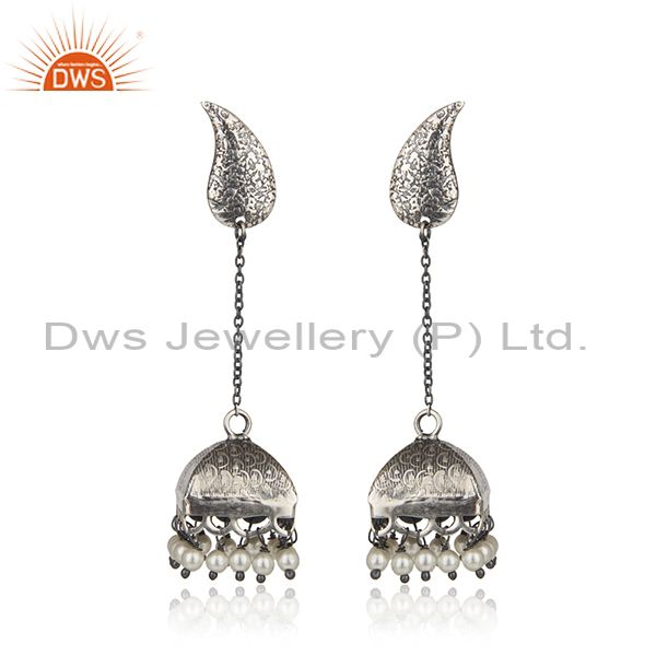 Black Oxidized 925 Sterling Silver Pearl Beads Gemstone Jumka Earrings Jewelry