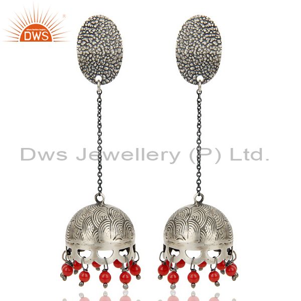 Black Oxidized 925 Sterling Silver Traditional Red Coral Gemstone Jhumka Earring