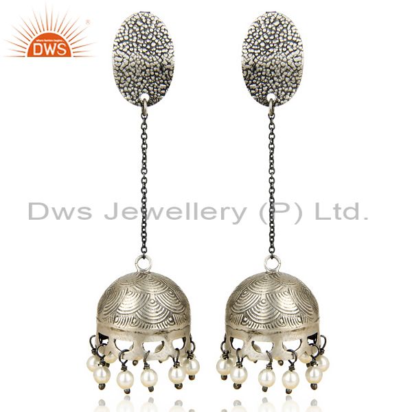 Black Oxidized 925 Sterling Silver Traditional Pearl Gemstone Jhumka Earrings