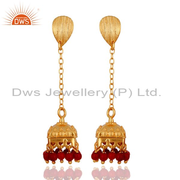 Gold Plated Sterling Silver Coral Bollywood Indian Style Drop Bridal Earrings