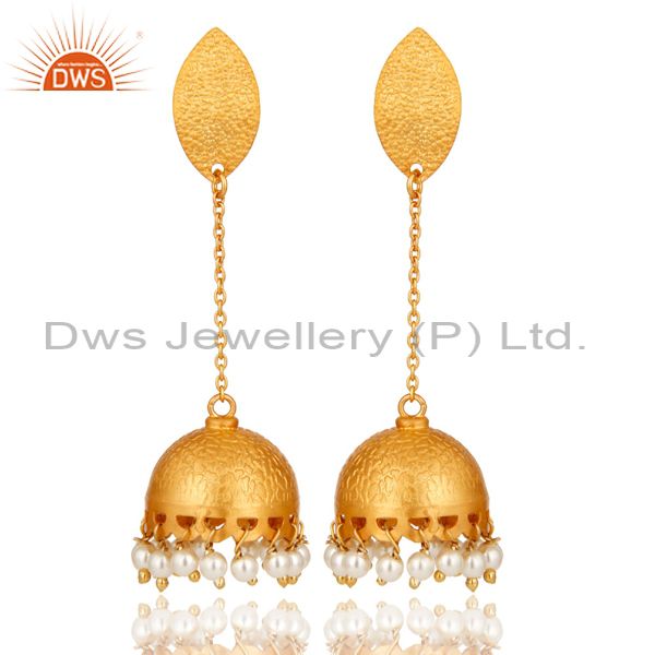 22k Gold Over 925 Sterling Silver Natural Pearl Indian Bridal Dangle Earrings