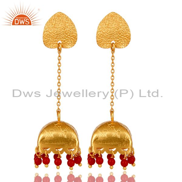 18K Gold Plated 925 Sterling Silver Red Coral Traditional Fashion Jhumka Earring