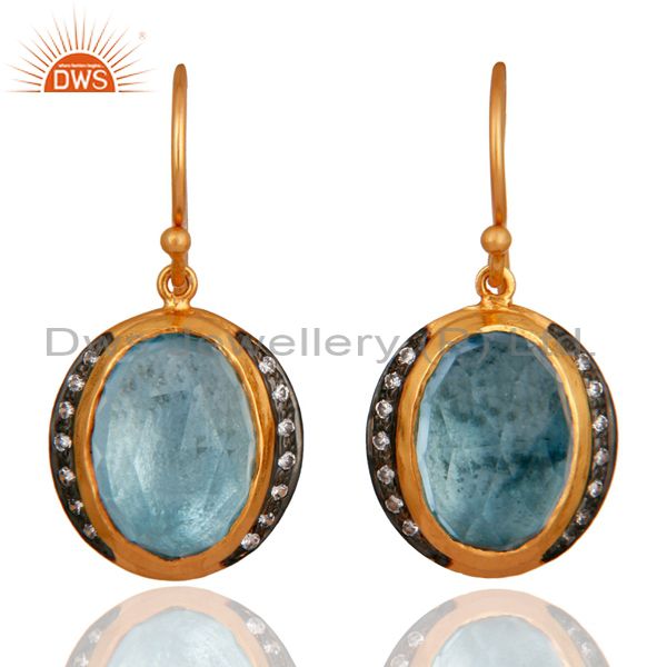 Natural Blue Topaz And CZ Sterling Silver With Gold Plated Dangle Earrings