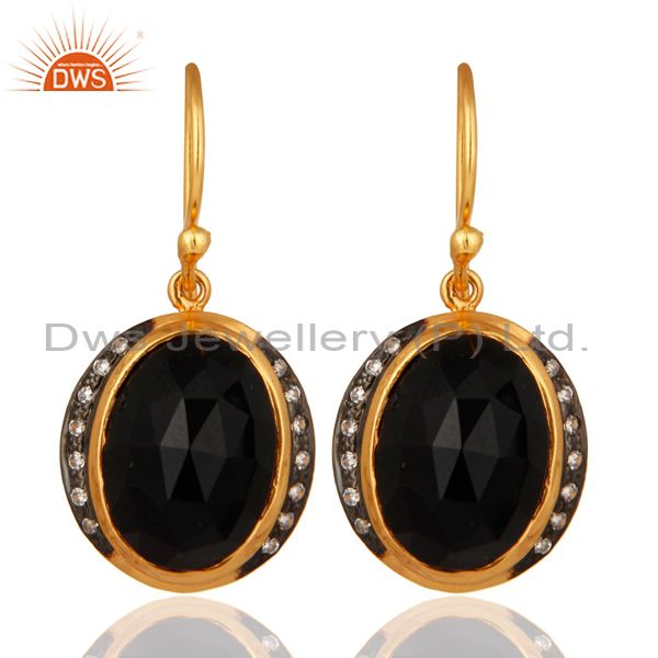 Faceted Black Onyx Gemstone Earrings Made In 18K Yellow Gold On Sterling Silver