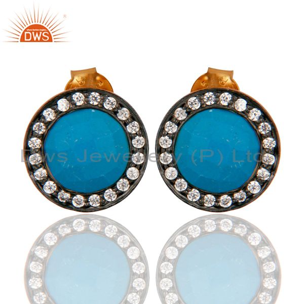 Turquoise & Cubic Zirconia Fashion Stud Earrings In 18K Gold On Sterling Silver