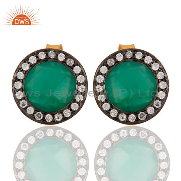18K Yellow Gold Plated Sterling Silver Green Onyx Gemstone Stud Earrings With CZ