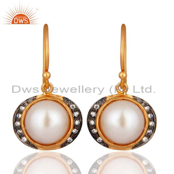 Natural Pearl Zircon 18K Gold Plated 925 Sterling Silver Earrings Jewelry
