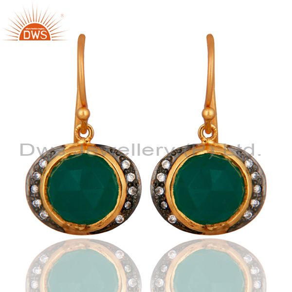 18K Yellow Gold Plated Sterling Silver Green Onyx And CZ Dangle Earrings