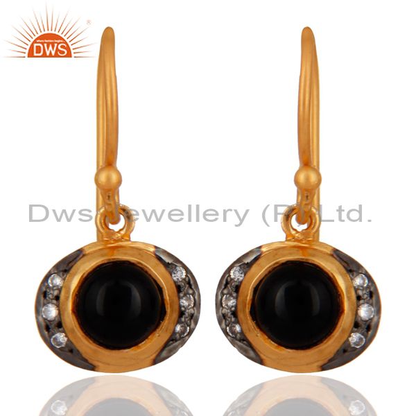 18K Yellow Gold Plated 925 Sterling Silver Black Onyx & White Zircon Earring