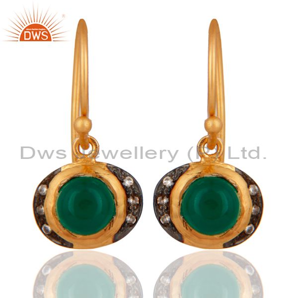 22K Yellow Gold Plated Silver Green Onyx And CZ Womens Fashion Dangle Earrings