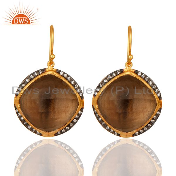 Natural Smoky Quartz Gemstone Sterling Silver Drop Earrings With 18K Gold Plated