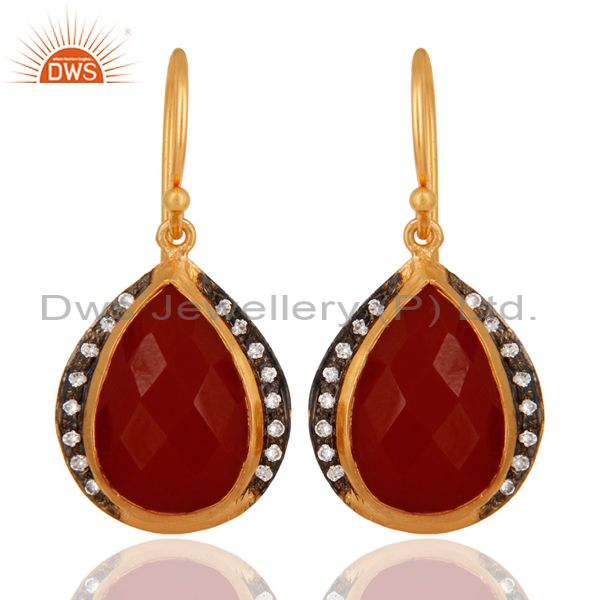Natural Red Onyx & White Zircon 925 Sterling Silver 18K Gold Plated Drop Earring