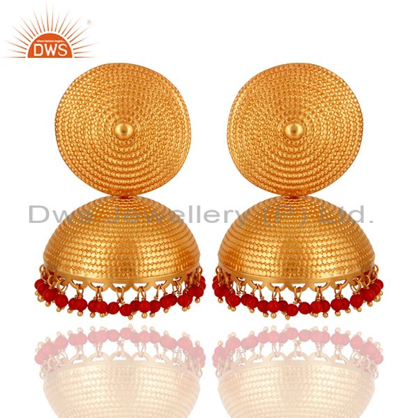 Designer 18K Gold On Sterling Silver Red Coral Gemstone Jhumka Maharaja Earrings