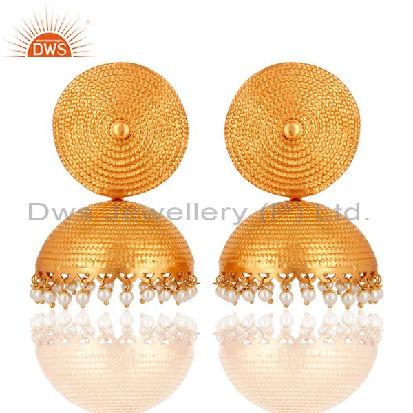Genuine Pearl 925 Sterling Silver With Gold Plated Matte Finish Jhumka Earrings