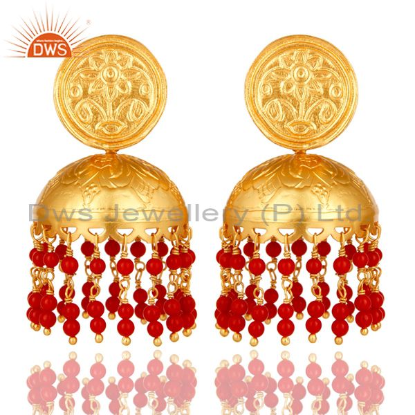 Handcrafted 22K Gold Over 925 Sterling Silver Red Coral Jhumka Earring For Girls
