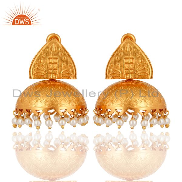 18K Gold Plated 925 Sterling Silver Indian Ethnic Natural Pearl Jhumka Earrings