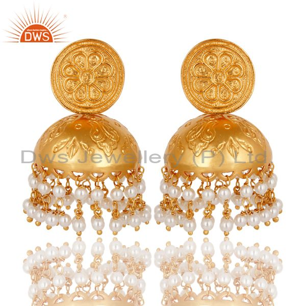 18K Yellow Gold Plated Sterling Silver Pearl Bridal Fashion Jhumka Earrings