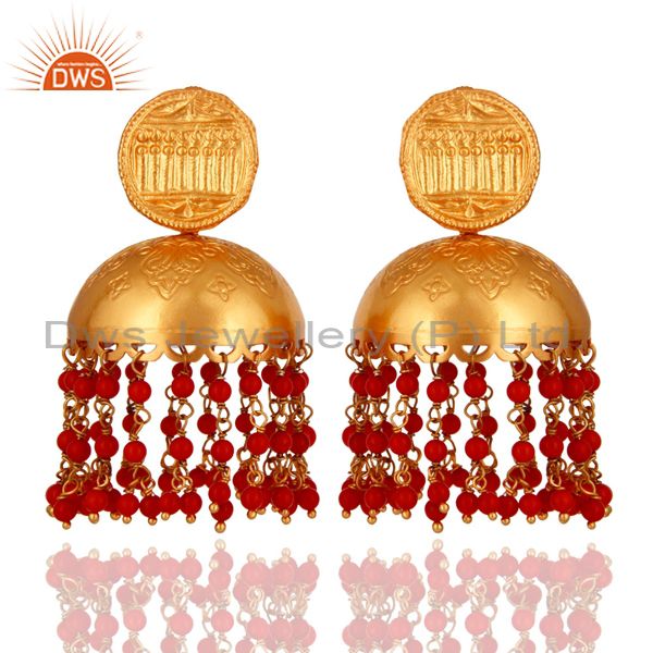 Beautiful Hand Crafted 18K Gold On 925 Silver Red Coral Gemstone Jhumkas Earring