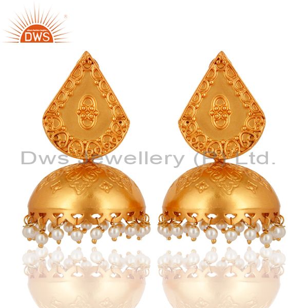 Indian Artisan Handmade 925 Sterling Silver Natural Pearl Gold Plated Earrings