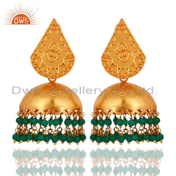Indian 18K Gold Plated 925 Sterling Silver Green Onyx Beads Jhumkas Earrings