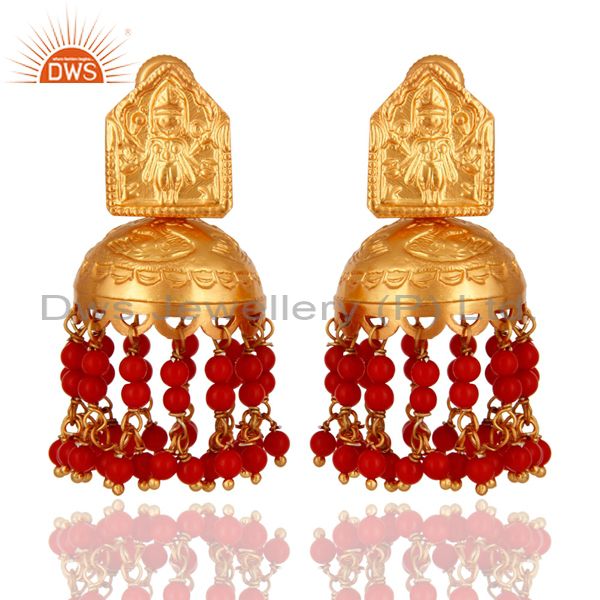 18K Gold Over 925 Sterling Silver Red Coral Gemtone Traditional Design Earring