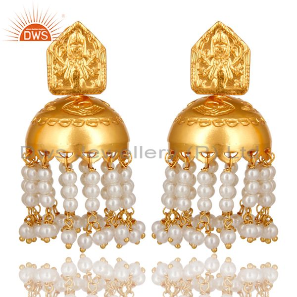 18K Gold Plated 925 Sterling Silver Pearl Bead Beautiful Designer Jhumka Earring
