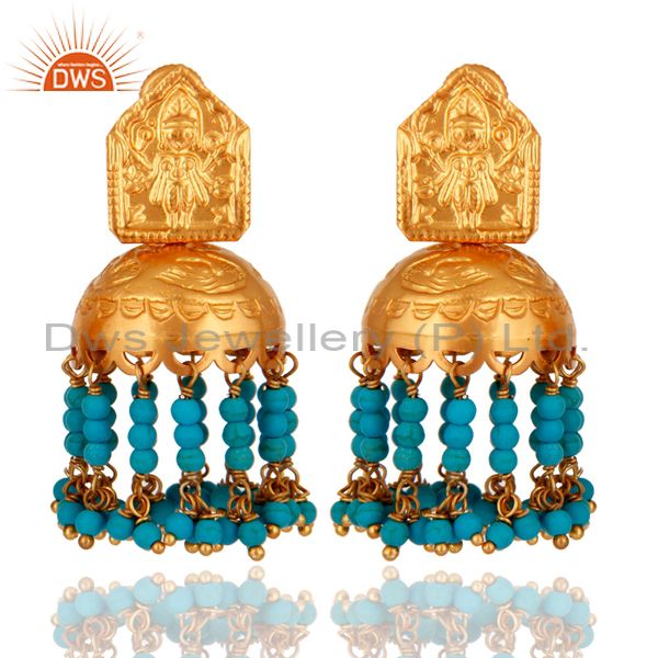 Turquoise 925 Silver Gold Plated Traditional South Indian Fashion Jhumki Earring