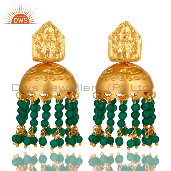Handmade 22K Gold Over 925 Silver Green Onyx Gemstone Beads Chandelier Earrings