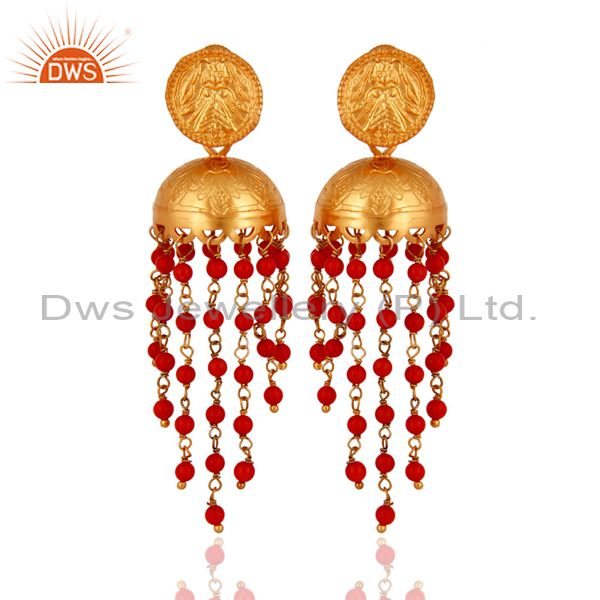 22K Gold Plated 925 Sterling Silver Red Coral Gemstone Designer Jhumka Earrings