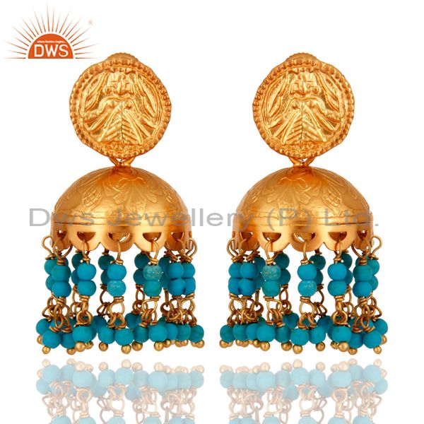 18K Gold Plated Sterling Silver Turquoise Gemstone South Indian Style Earrings