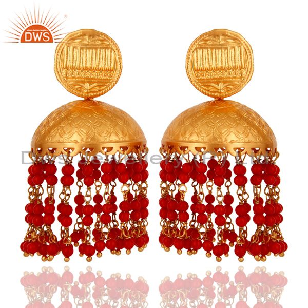 Traditional Red Coral Sterling Silver 22K Gold Plated Designer Jhumka Earrings