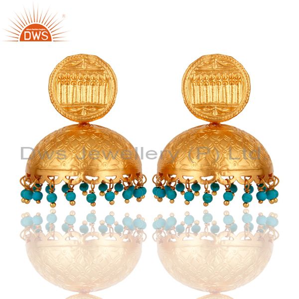 Designer 18k Gold Plated 925 Sterling Silver Jhumka Earring With Turquoise Beads