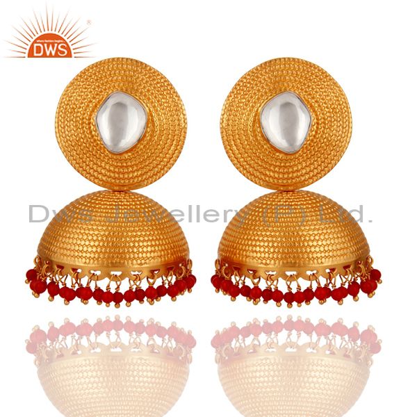 22K Gold On 925 Sterling Silver Crystal Quartz Polki & Red Coral Beads Earring
