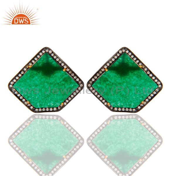CZ & Slice Cut Green Aventurine Gemstone Stud Earrings In 18K Gold On Silver