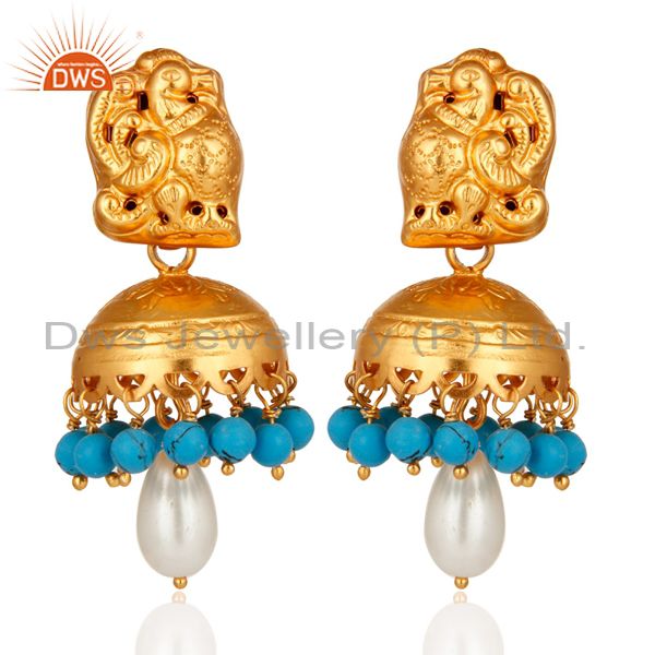 Gold Plated Sterling Silver Peacock Design Jhumka Earring With Pearl & Turquoise