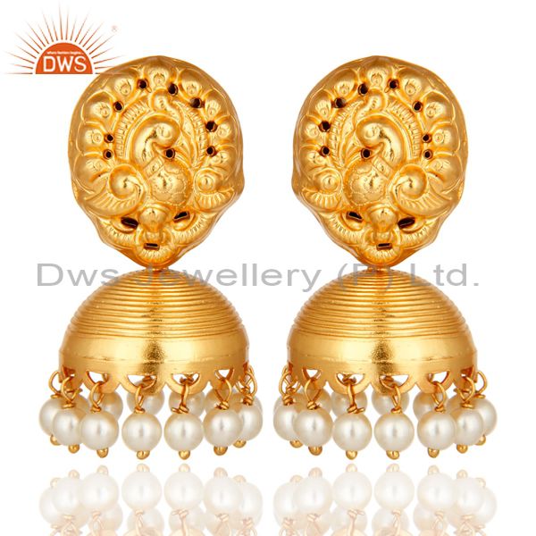 14K Yellow Gold Plated Sterling Silver Pearl Earrings With Laxmi Design