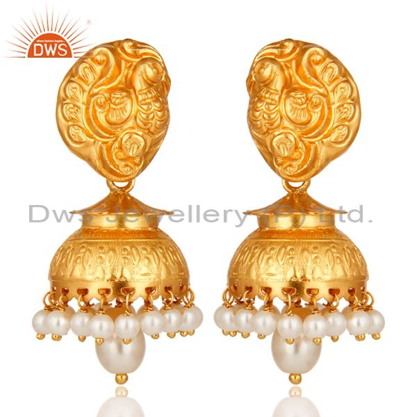 14K Gold Plated Sterling Silver Pearl Traditional Jhumka Earrings