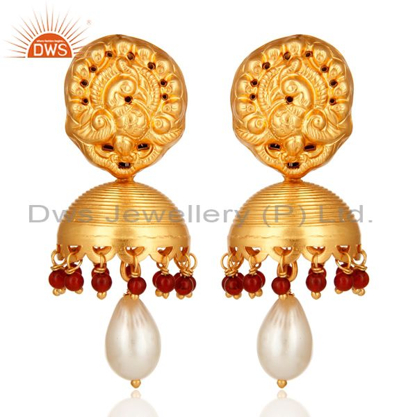 Red Onyx And Pearl High End Designer Jhumka Earrings in 14K Gold On Sterling Sil