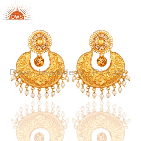 Natural Pearl Sterling Silver With Yellow Gold Plated Ethnic Designer Earrings